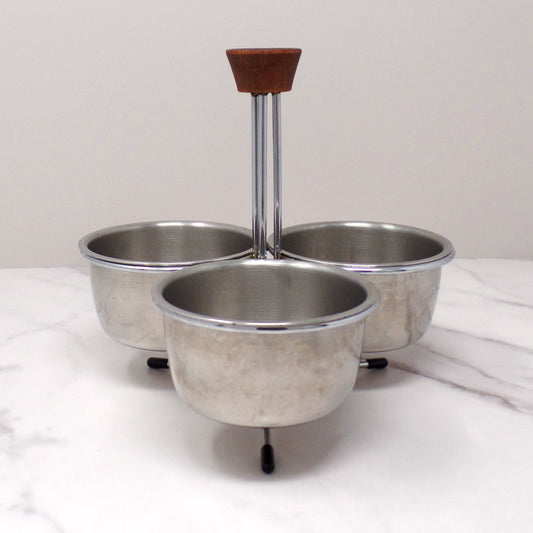 Vintage 3-Bowl Stainless Steel and Chrome Relish or Condiment Caddy with Wood Knob (1960s)