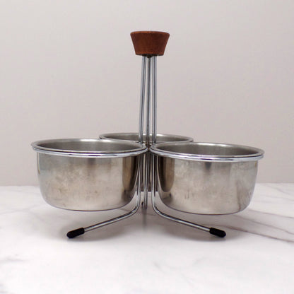 Vintage 3-Bowl Stainless Steel and Chrome Relish or Condiment Caddy with Wood Knob (1960s)
