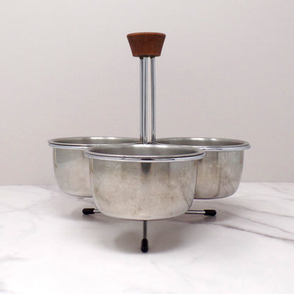 Vintage 3-Bowl Stainless Steel and Chrome Relish or Condiment Caddy with Wood Knob (1960s)