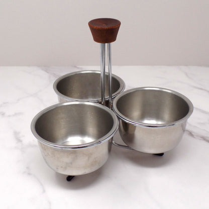 Vintage 3-Bowl Stainless Steel and Chrome Relish or Condiment Caddy with Wood Knob (1960s)
