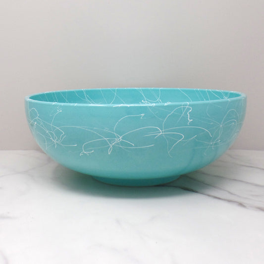 Vintage Hazel Atlas Glass Serving or Mixing Bowl, Turquoise with White “Spaghetti” Drizzle (1950s)