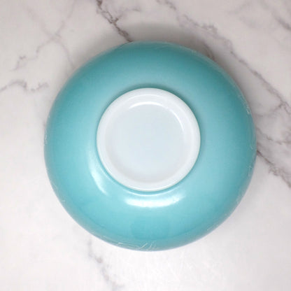 Vintage Hazel Atlas Glass Serving or Mixing Bowl, Turquoise with White “Spaghetti” Drizzle (1950s)
