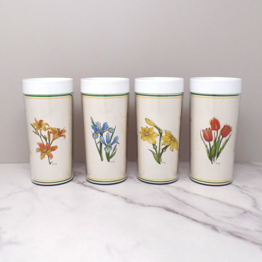 Vintage Thermo-Serv Plastic Double-walled 12 oz Tumblers, Floral, set of 4 (1980)