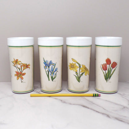 Vintage Thermo-Serv Plastic Double-walled 12 oz Tumblers, Floral, set of 4 (1980)