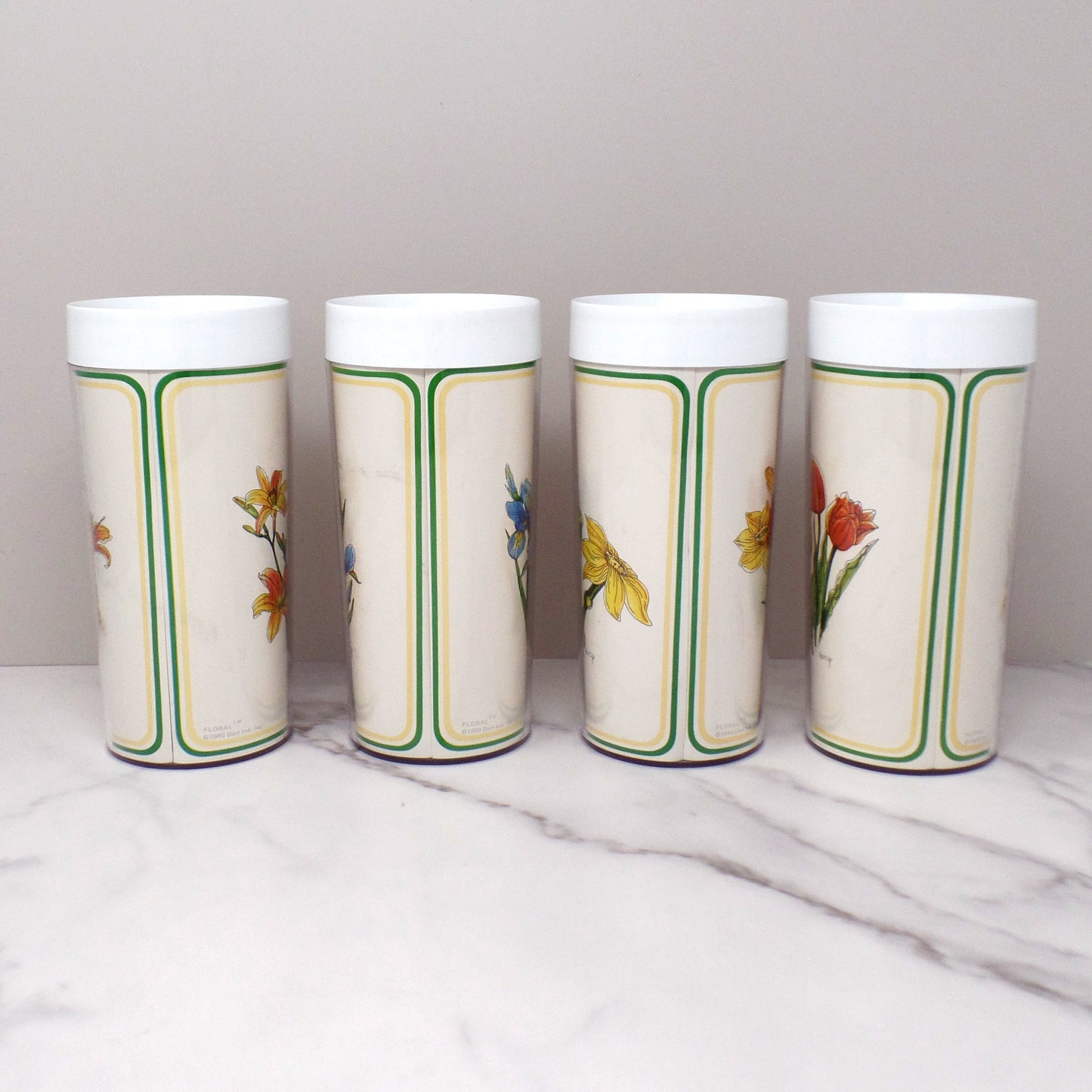Vintage Thermo-Serv Plastic Double-walled 12 oz Tumblers, Floral, set of 4 (1980)