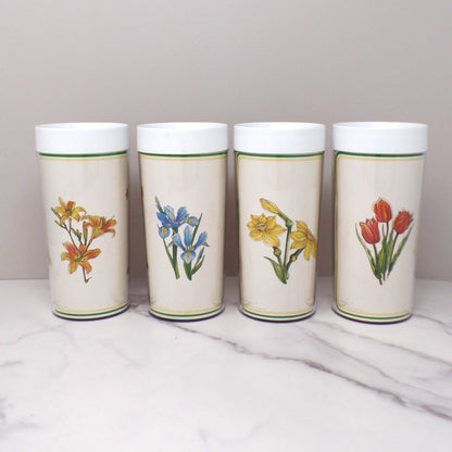 Vintage Thermo-Serv Plastic Double-walled 12 oz Tumblers, Floral, set of 4 (1980)