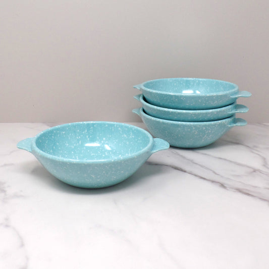 Vintage Joan Luntz Gaiety Melmac / Melamine 5-1/2” Handled Bowl, Speckled Turquoise - set of 4 (1950s)