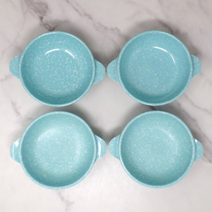 Vintage Joan Luntz Gaiety Melmac / Melamine 5-1/2” Handled Bowl, Speckled Turquoise - set of 4 (1950s)