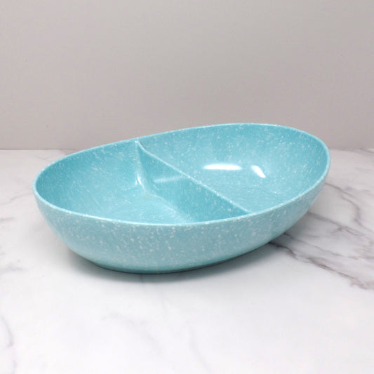 Vintage Joan Luntz Gaiety Melmac / Melamine Oval Divided Serving Bowl, Speckled Turquoise (1950s)