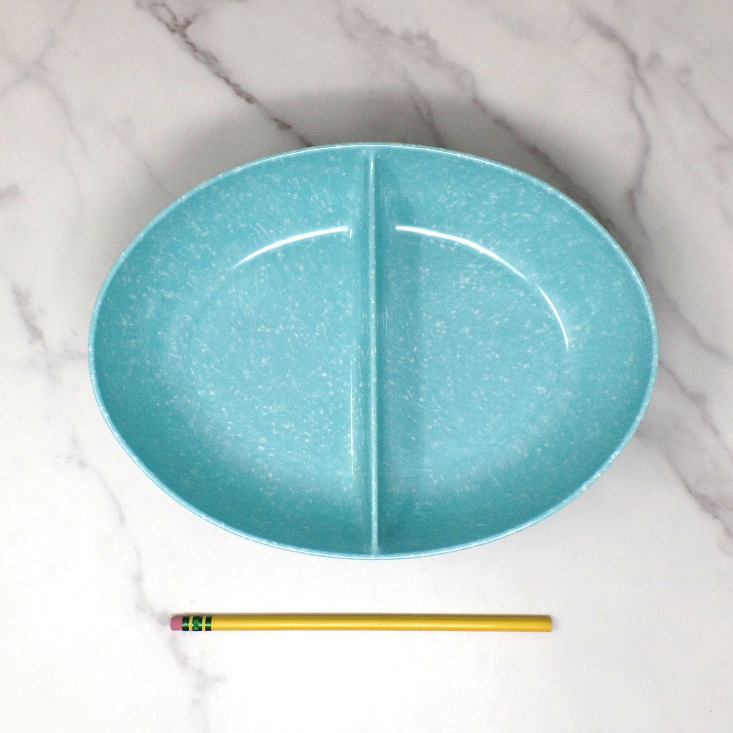Vintage Joan Luntz Gaiety Melmac / Melamine Oval Divided Serving Bowl, Speckled Turquoise (1950s)