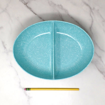 Vintage Joan Luntz Gaiety Melmac / Melamine Oval Divided Serving Bowl, Speckled Turquoise (1950s)