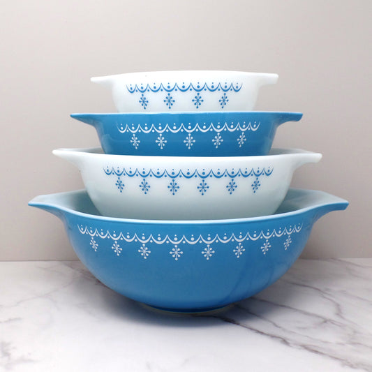 Vintage Pyrex Full Set of Four Cinderella Nesting Mixing Bowls, Snowflake Blue (441, 442, 443, 444) (1950s-1960s)