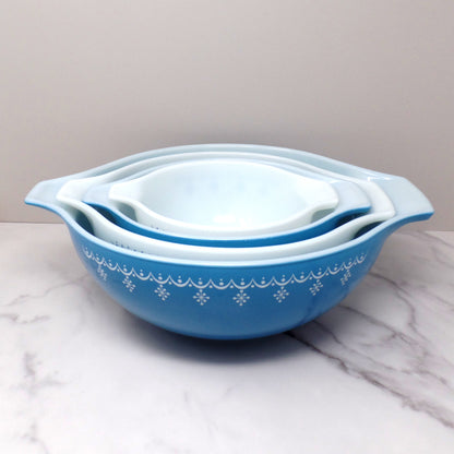 Vintage Pyrex Full Set of Four Cinderella Nesting Mixing Bowls, Snowflake Blue (441, 442, 443, 444) (1950s-1960s)