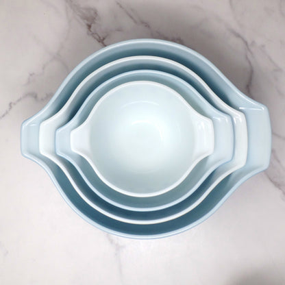 Vintage Pyrex Full Set of Four Cinderella Nesting Mixing Bowls, Snowflake Blue (441, 442, 443, 444) (1950s-1960s)