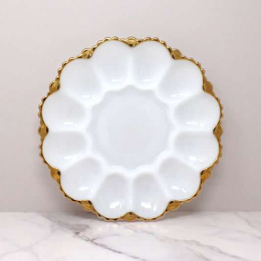Vintage Anchor Hocking Gold-rimmed Milk Glass Deviled Egg Plate (1950s)
