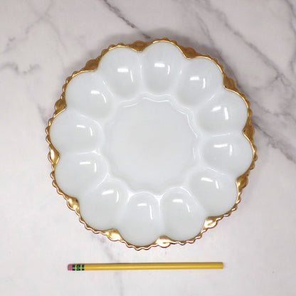 Vintage Anchor Hocking Gold-rimmed Milk Glass Deviled Egg Plate (1950s)