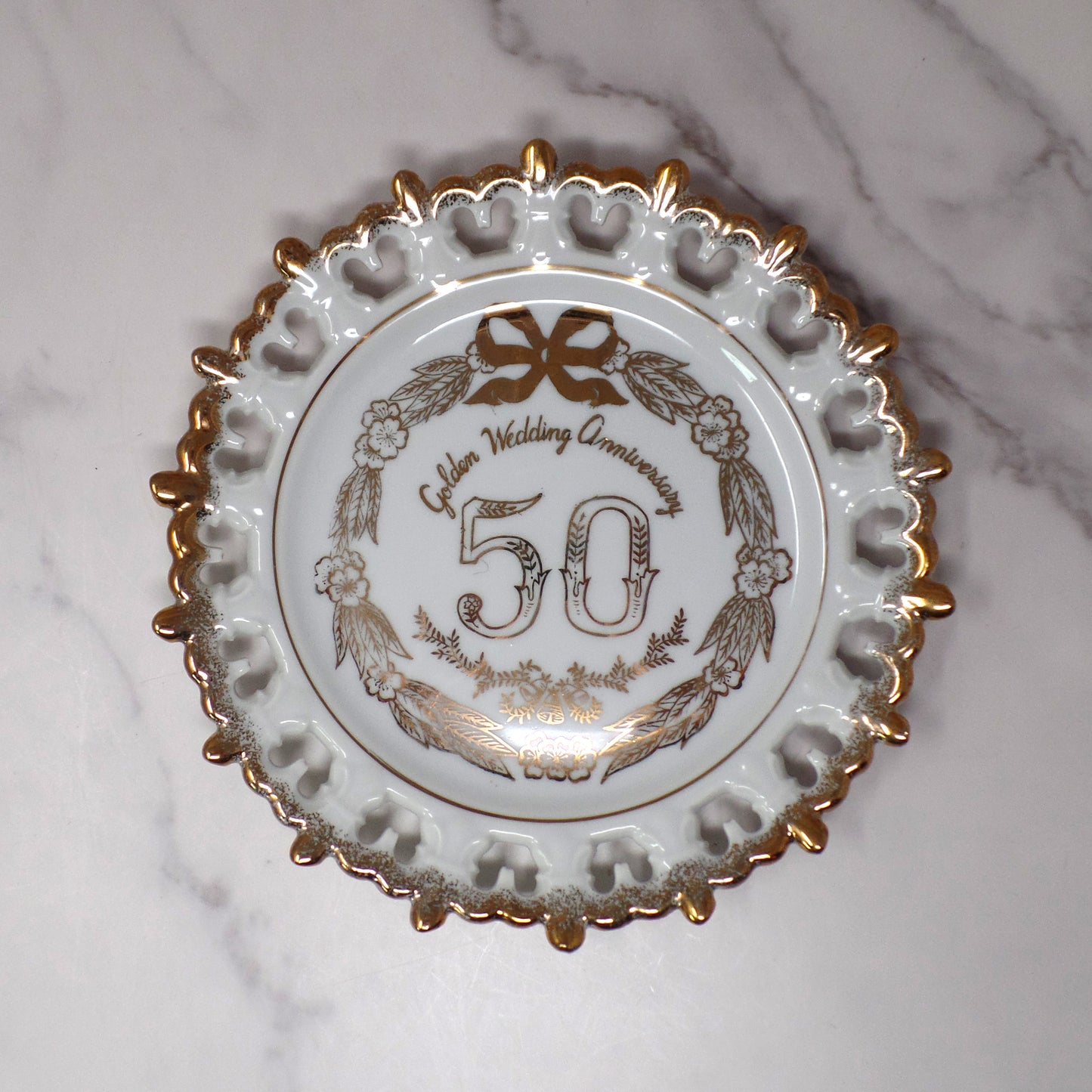 Vintage Gold & White 50th Anniversary Plate, Art Line Japan