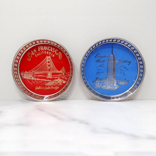 Vintage Souvenir Coasters, San Francisco Golden Gate Bridge and New York City Empire State Building (1960s)