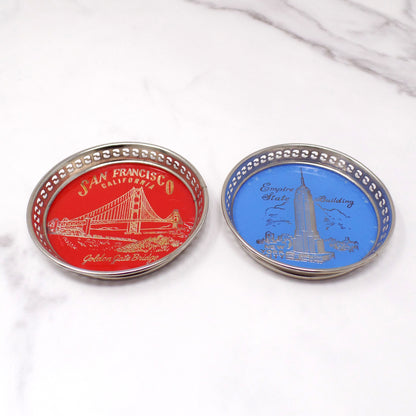 Vintage Souvenir Coasters, San Francisco Golden Gate Bridge and New York City Empire State Building (1960s)