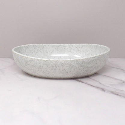 Vintage Joan Luntz Gaiety Melmac Oval Serving Bowl, Speckled White / Gray (1950s)