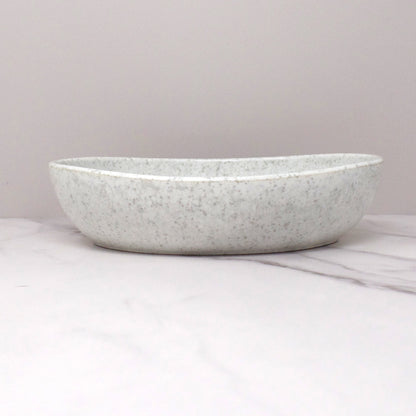 Vintage Joan Luntz Gaiety Melmac Oval Serving Bowl, Speckled White / Gray (1950s)