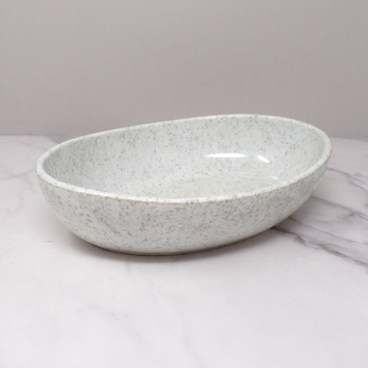 Vintage Joan Luntz Gaiety Melmac Oval Serving Bowl, Speckled White / Gray (1950s)