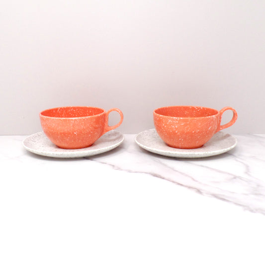 Vintage Joan Luntz Gaiety Melmac / Melamine 8 oz Cup & Saucer, Speckled Coral Cup & Gray Saucer, set of 2 (1950s)