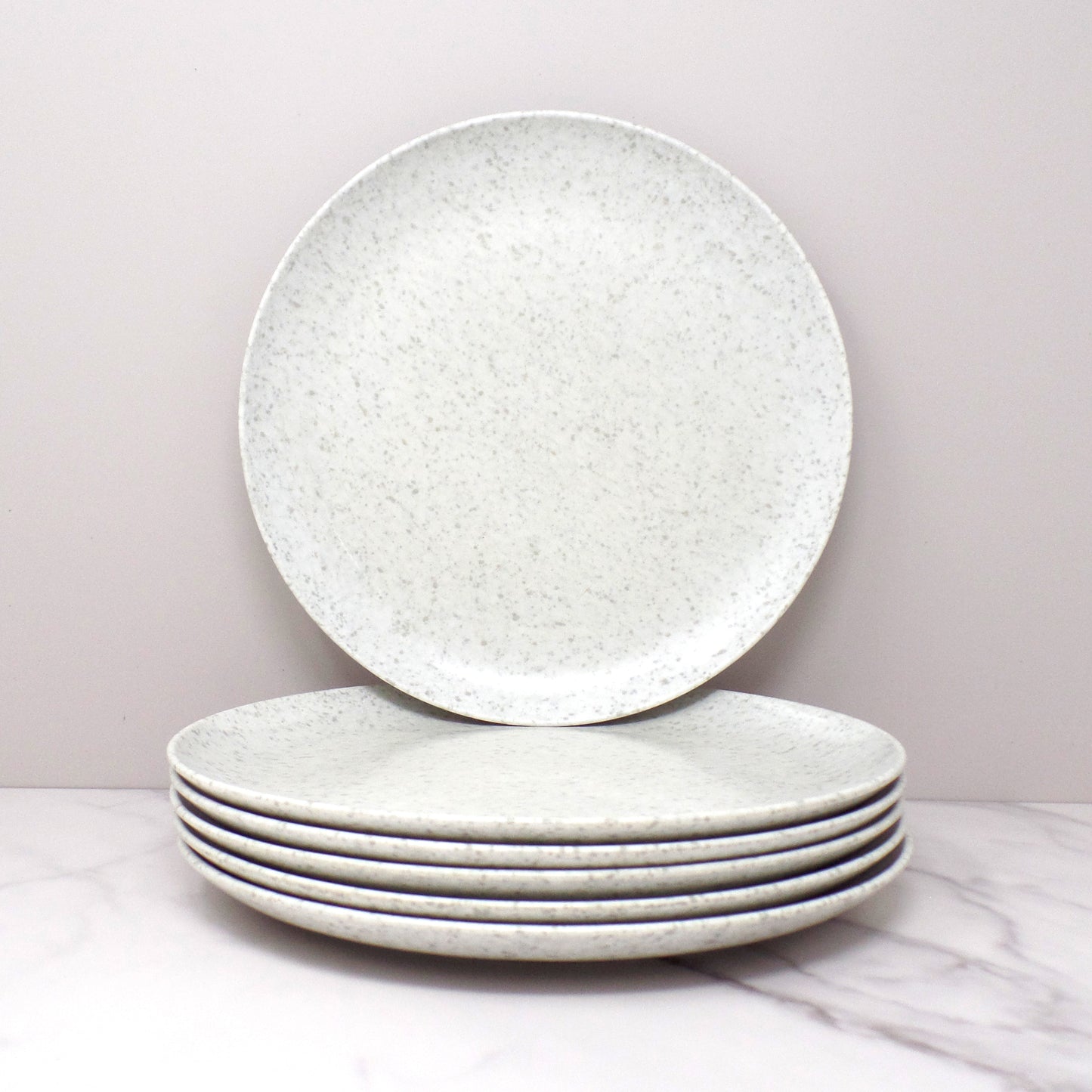 Vintage Joan Luntz Gaiety Melmac / Melamine 10” Dinner Plates, Speckled White & Gray - set of 6 (1950s)