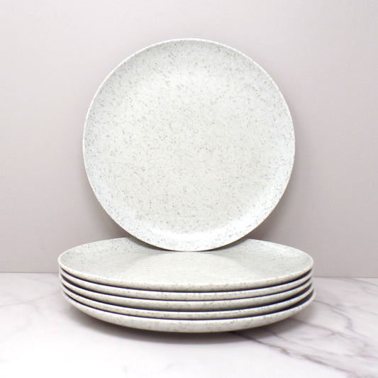 Vintage Joan Luntz Gaiety Melmac / Melamine 10” Dinner Plates, Speckled White & Gray - set of 6 (1950s)
