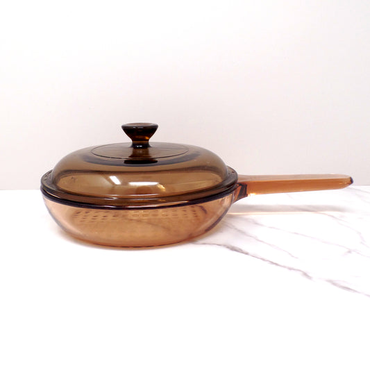 Vintage Corning Visions, 7” Skillet with Lid, Amber (1985-90)