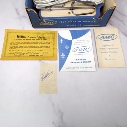 Vintage AMC Handheld Electric Mixer (model 596-INO) with Original Box and Documents (1964)