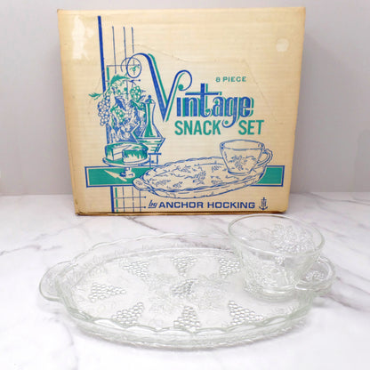 Vintage Anchor Hocking Snack Set, Vintage (model 600/76) - in Original Box, 8 pc Set (1960s)