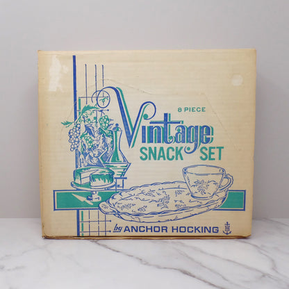 Vintage Anchor Hocking Snack Set, Vintage (model 600/76) - in Original Box, 8 pc Set (1960s)