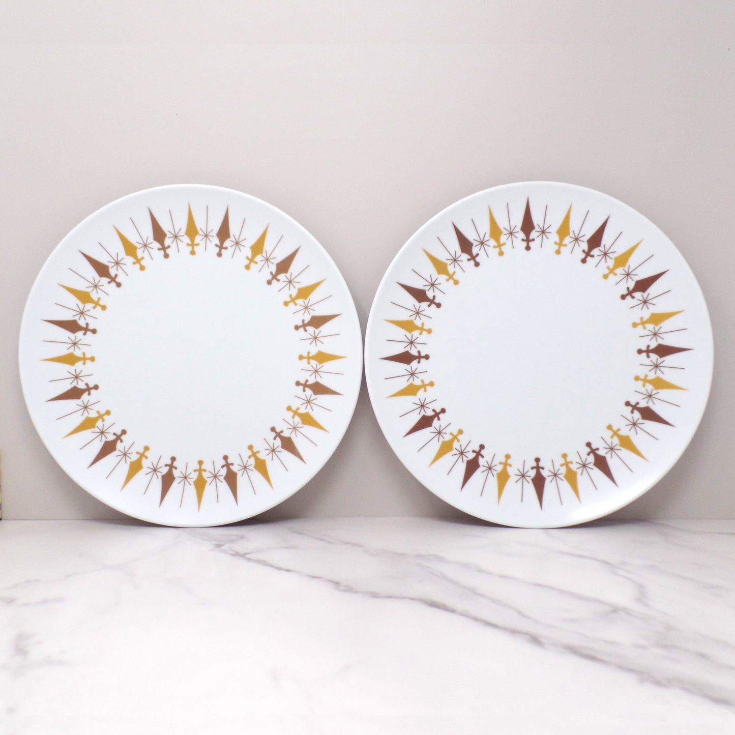 Vintage Texas Ware Melmac / Melamine 10” Dinner Plates, G-3 Atomic Compass - set of 2 (1950-60s)