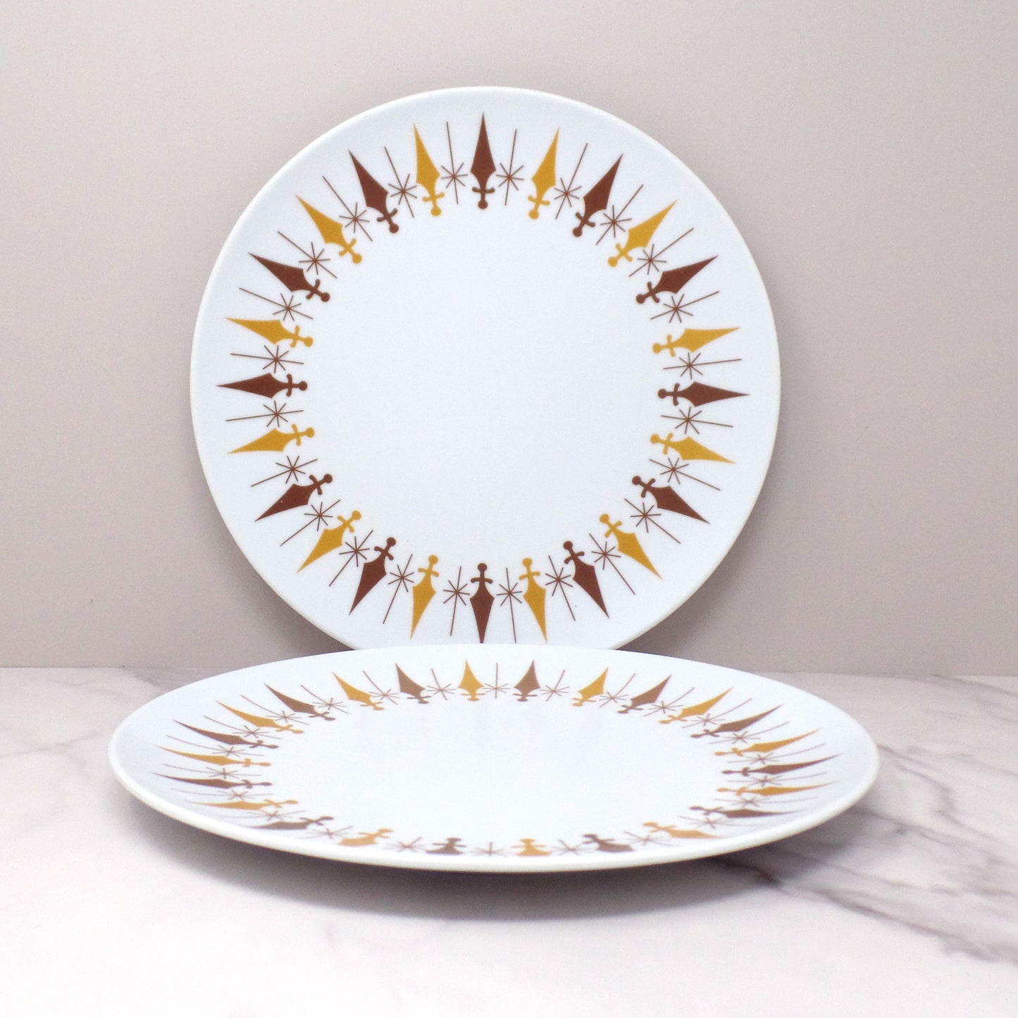 Vintage Texas Ware Melmac / Melamine 10” Dinner Plates, G-3 Atomic Compass - set of 2 (1950-60s)
