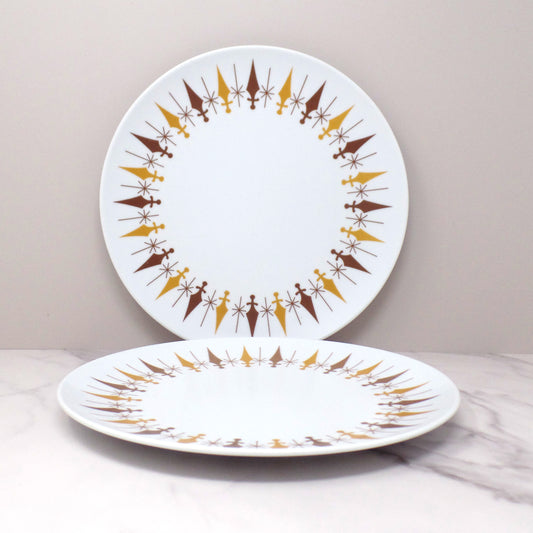 Vintage Texas Ware Melmac / Melamine 10” Dinner Plates, G-3 Atomic Compass - set of 2 (1950-60s)