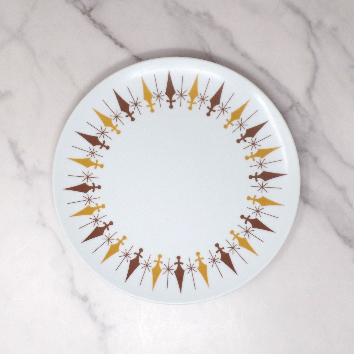 Vintage Texas Ware Melmac / Melamine 10” Dinner Plates, G-3 Atomic Compass - set of 2 (1950-60s)