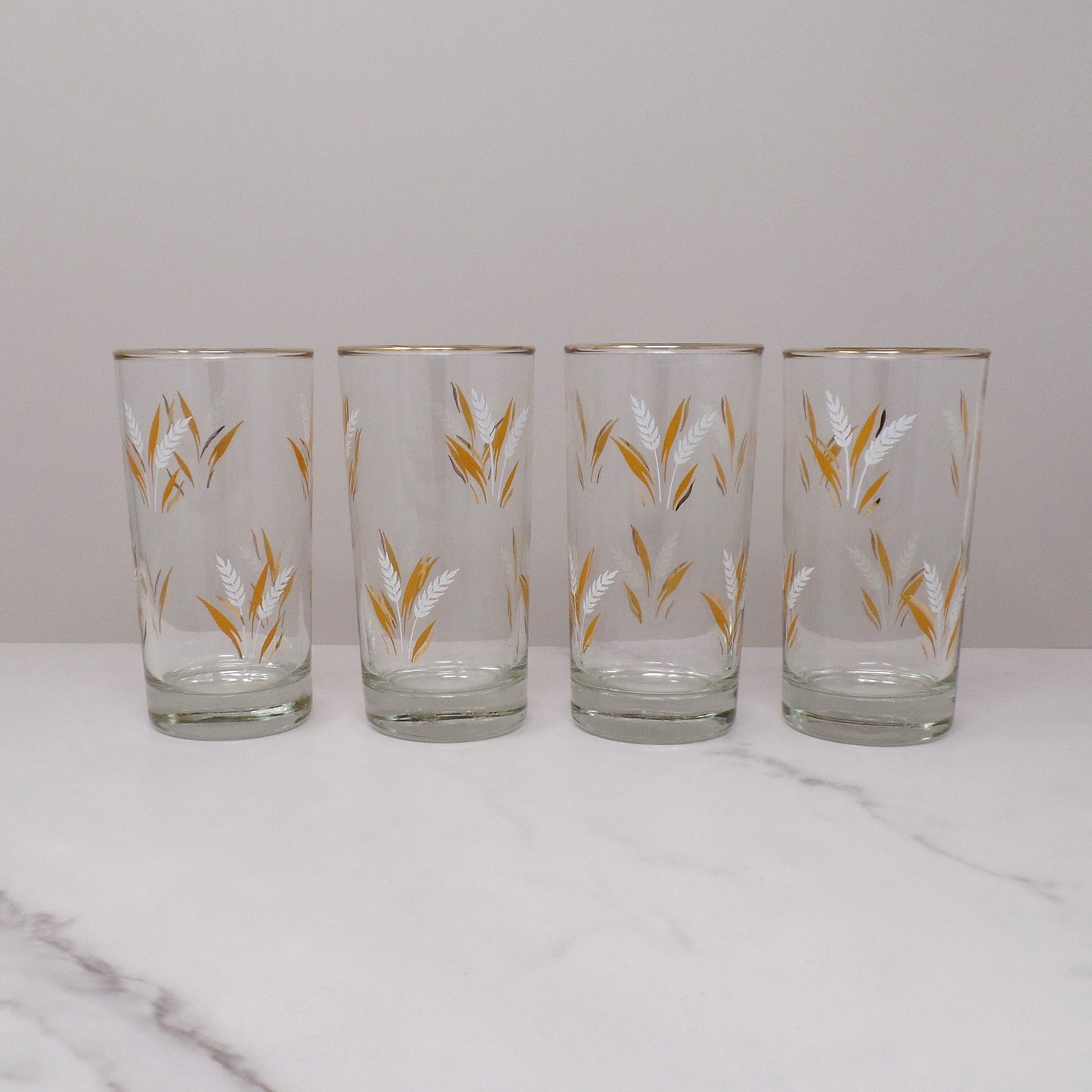 Vintage Wheat 12 oz Gold-rimmed Highball Glasses - set of 4 (1960s)