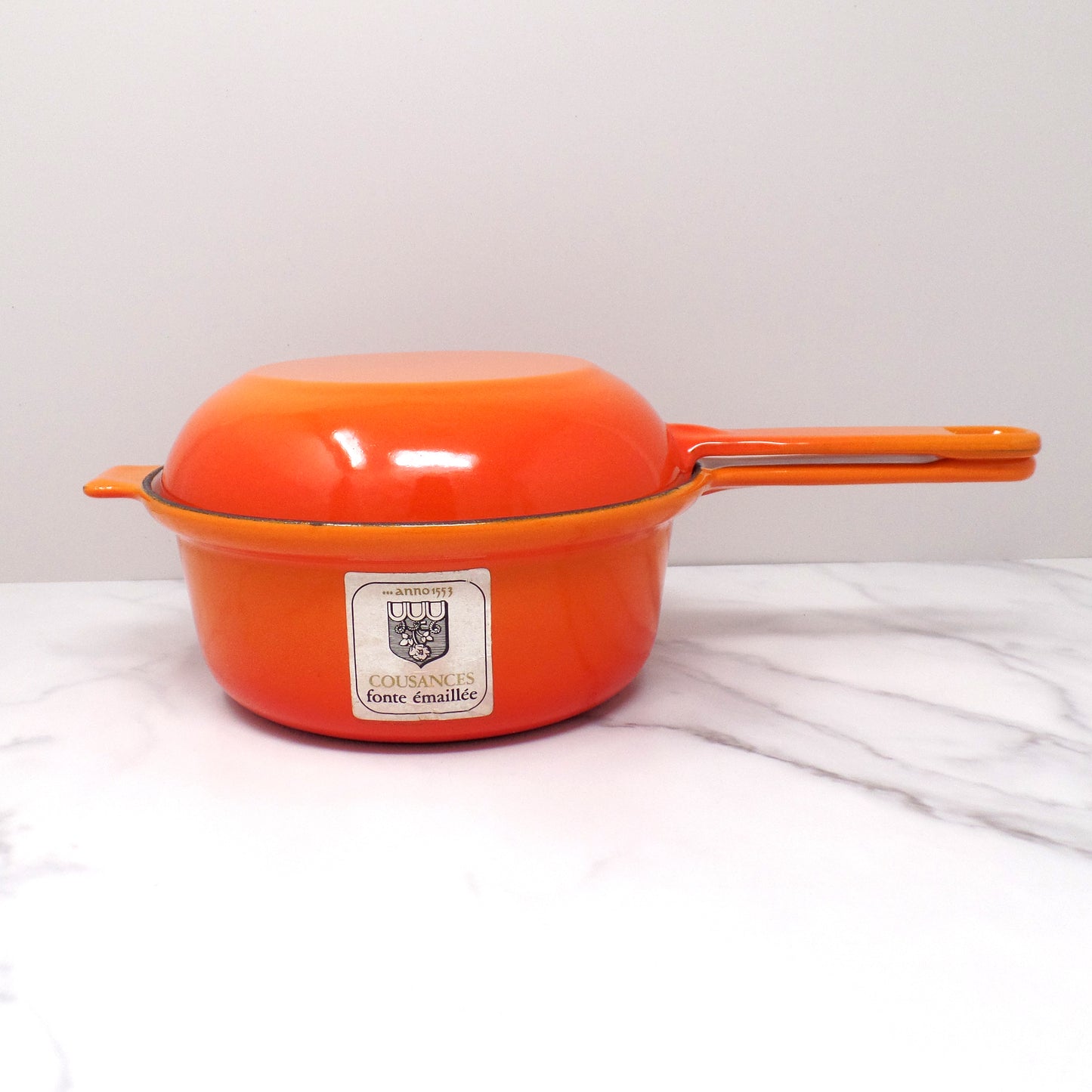 Vintage Cousances Enameled Cast Iron Multipurpose Saucepan with Skillet Lid, No. 18, Flame Orange (1960s)