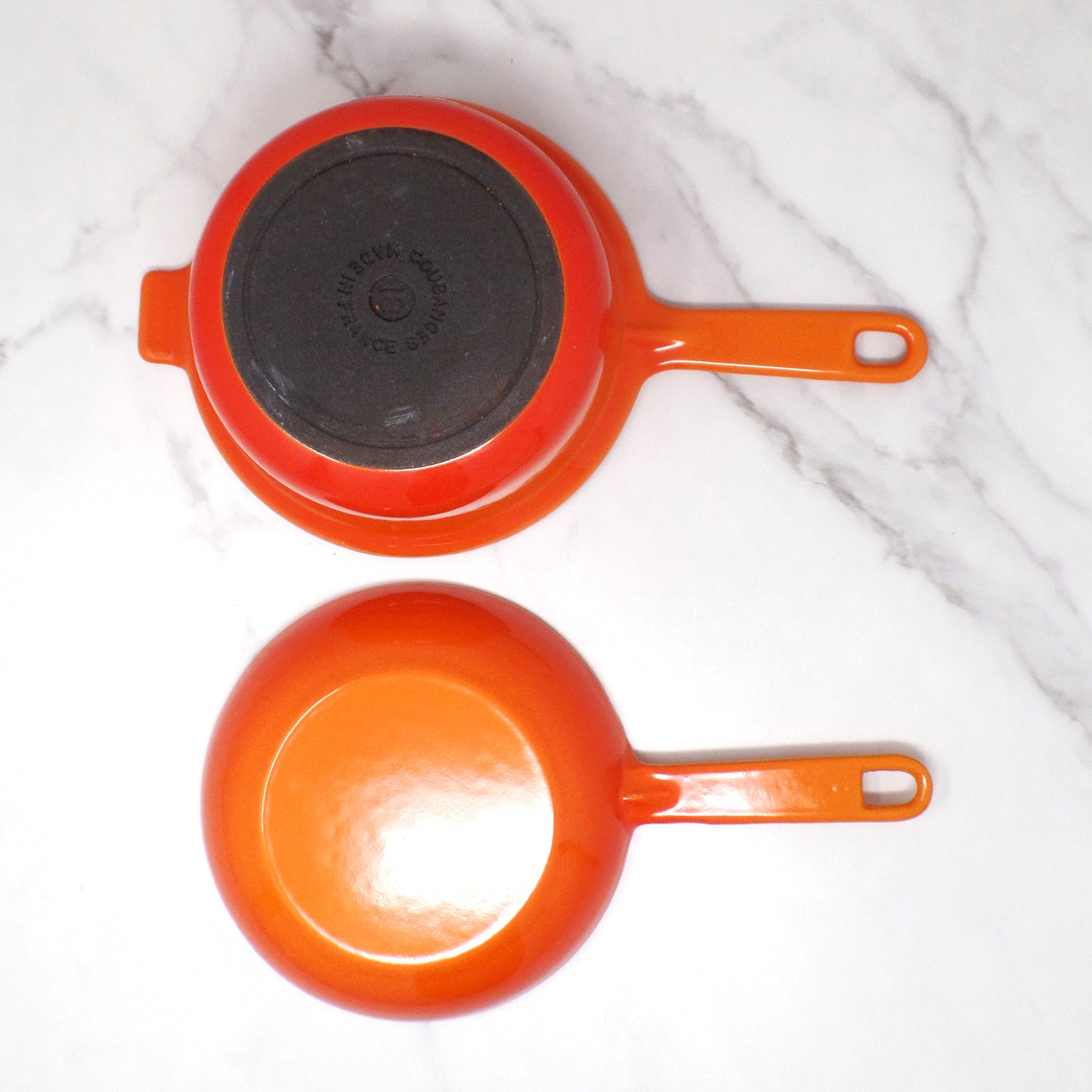 Vintage Cousances Enameled Cast Iron Multipurpose Saucepan with Skillet Lid, No. 18, Flame Orange (1960s)