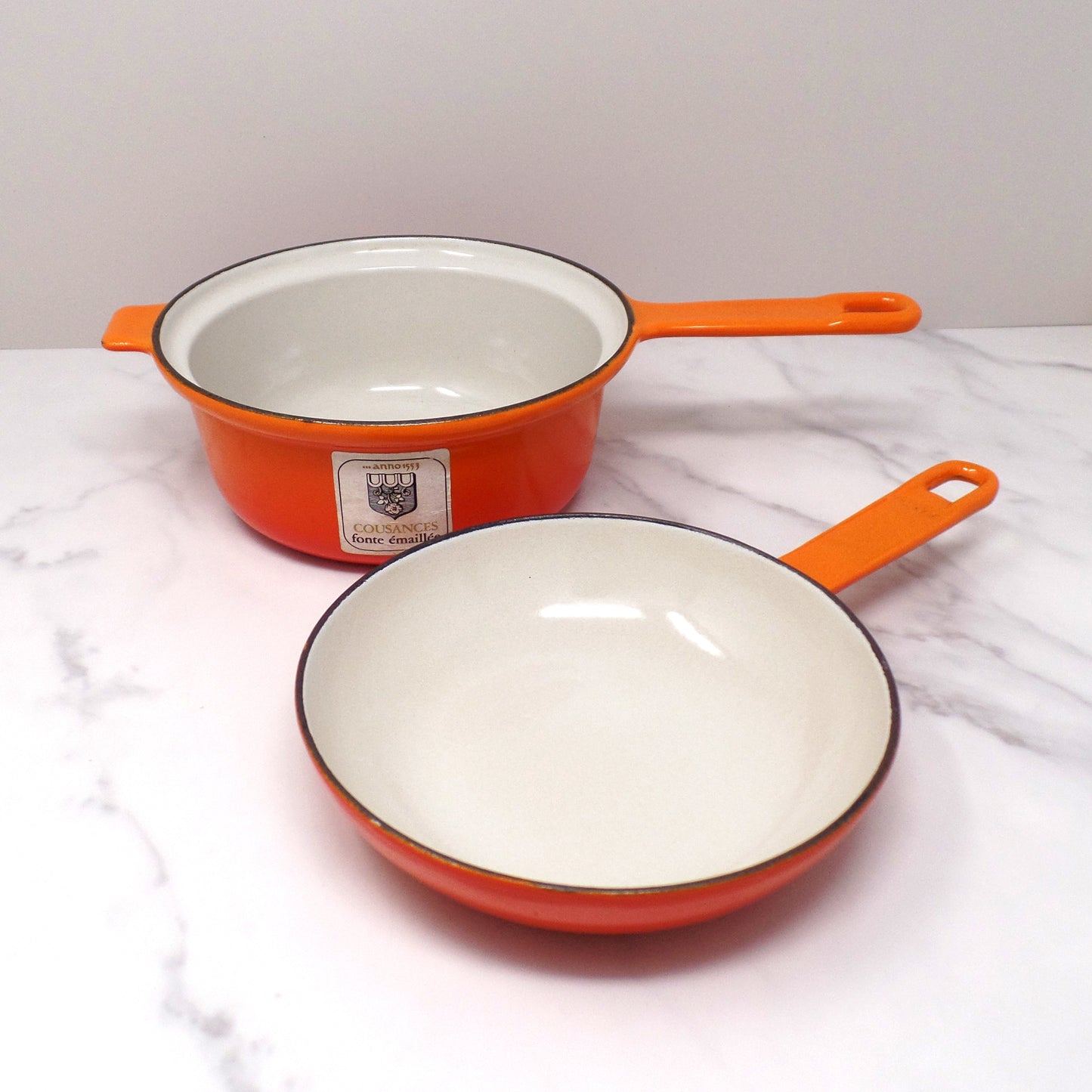 Vintage Cousances Enameled Cast Iron Multipurpose Saucepan with Skillet Lid, No. 18, Flame Orange (1960s)