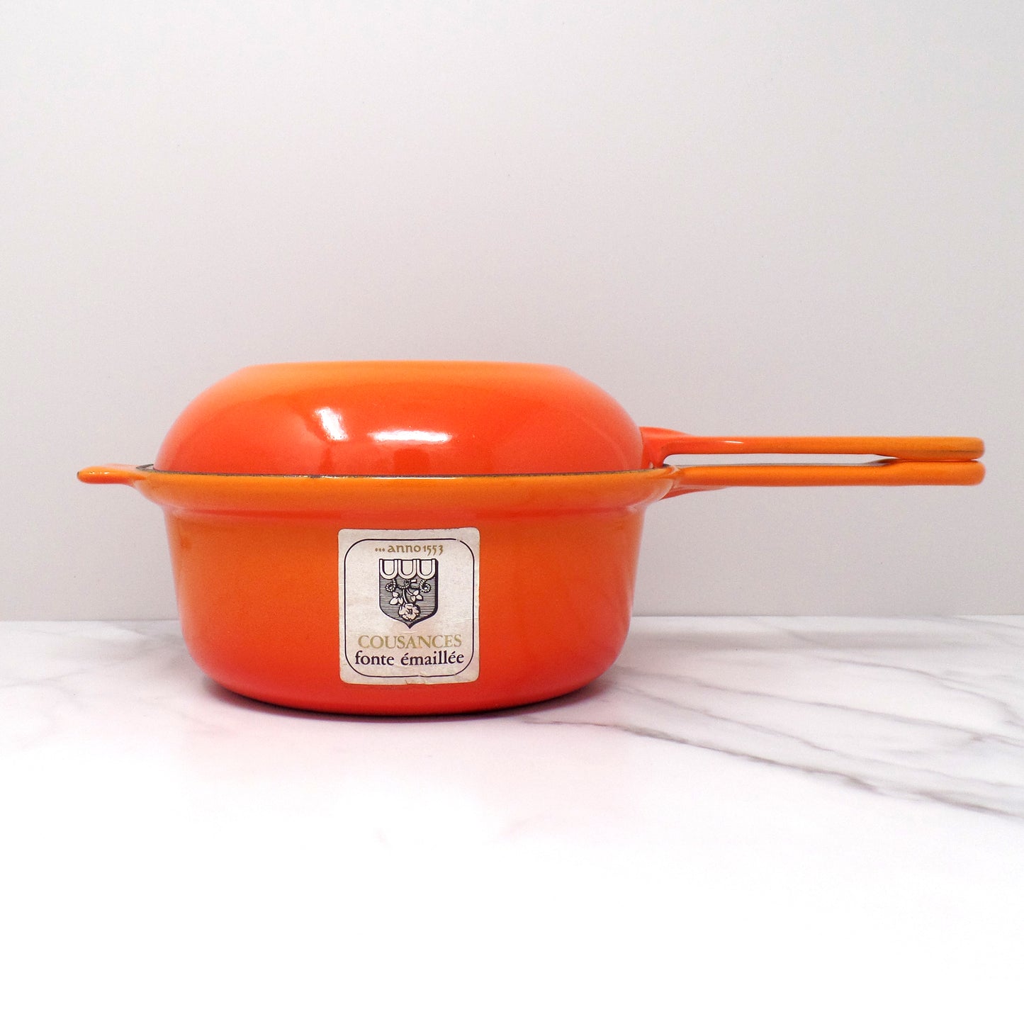 Vintage Cousances Enameled Cast Iron Multipurpose Saucepan with Skillet Lid, No. 18, Flame Orange (1960s)
