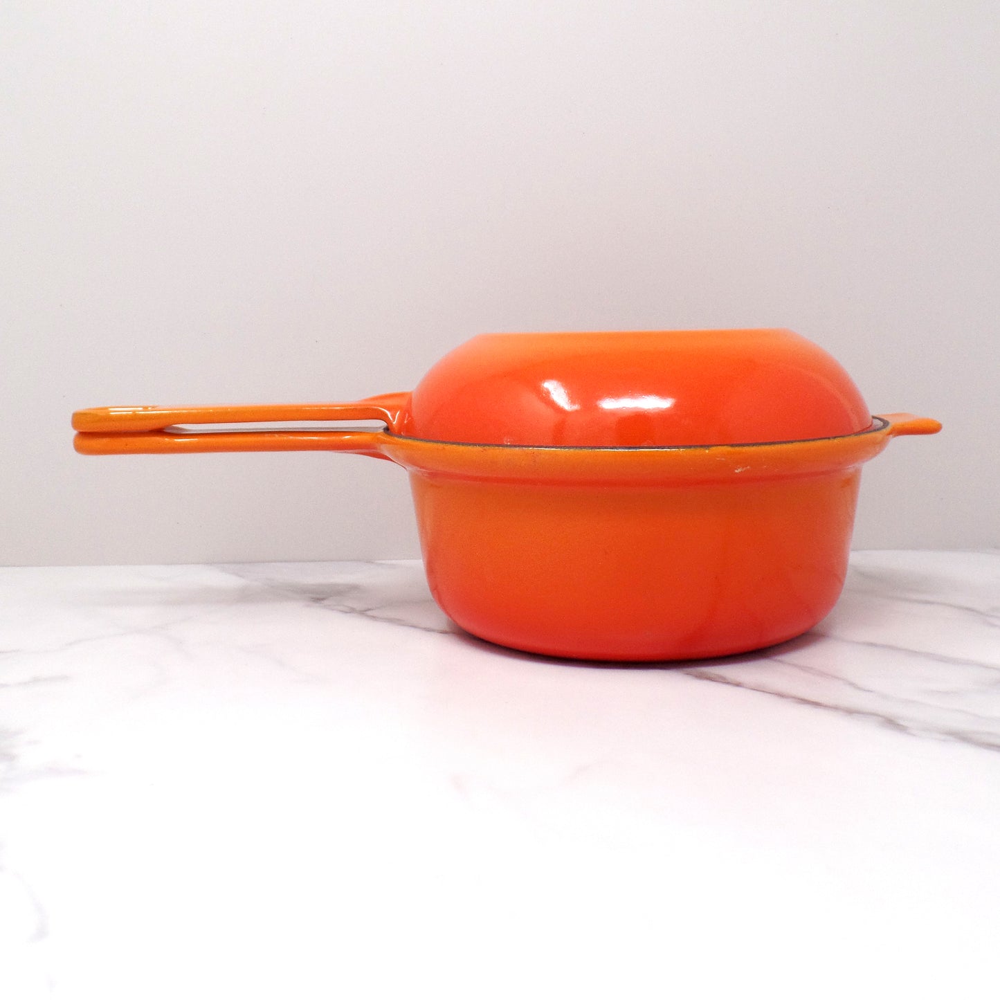 Vintage Cousances Enameled Cast Iron Multipurpose Saucepan with Skillet Lid, No. 18, Flame Orange (1960s)