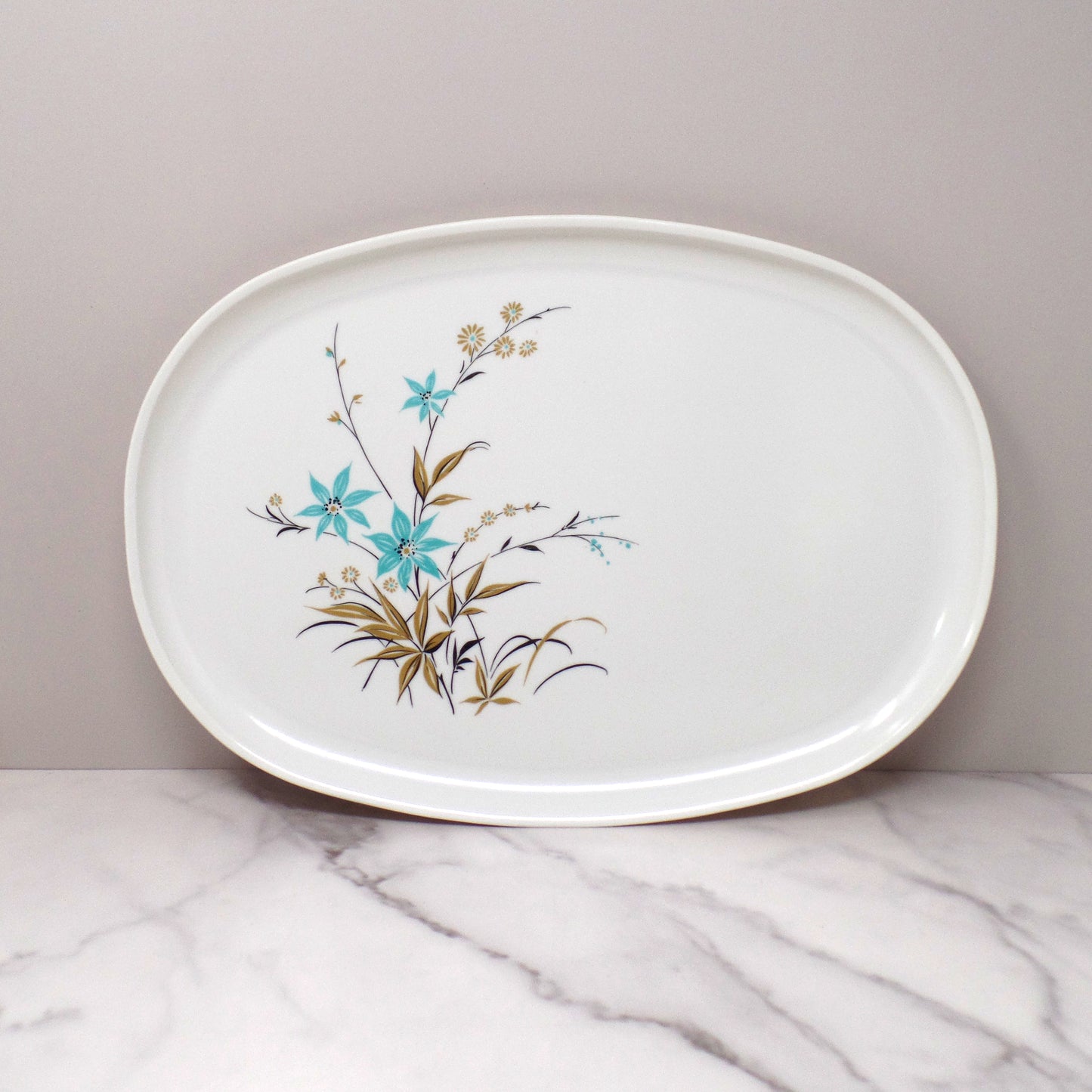 Vintage Melmac 14" Serving Platter, Blue & Gold Wildflowers (1950s)
