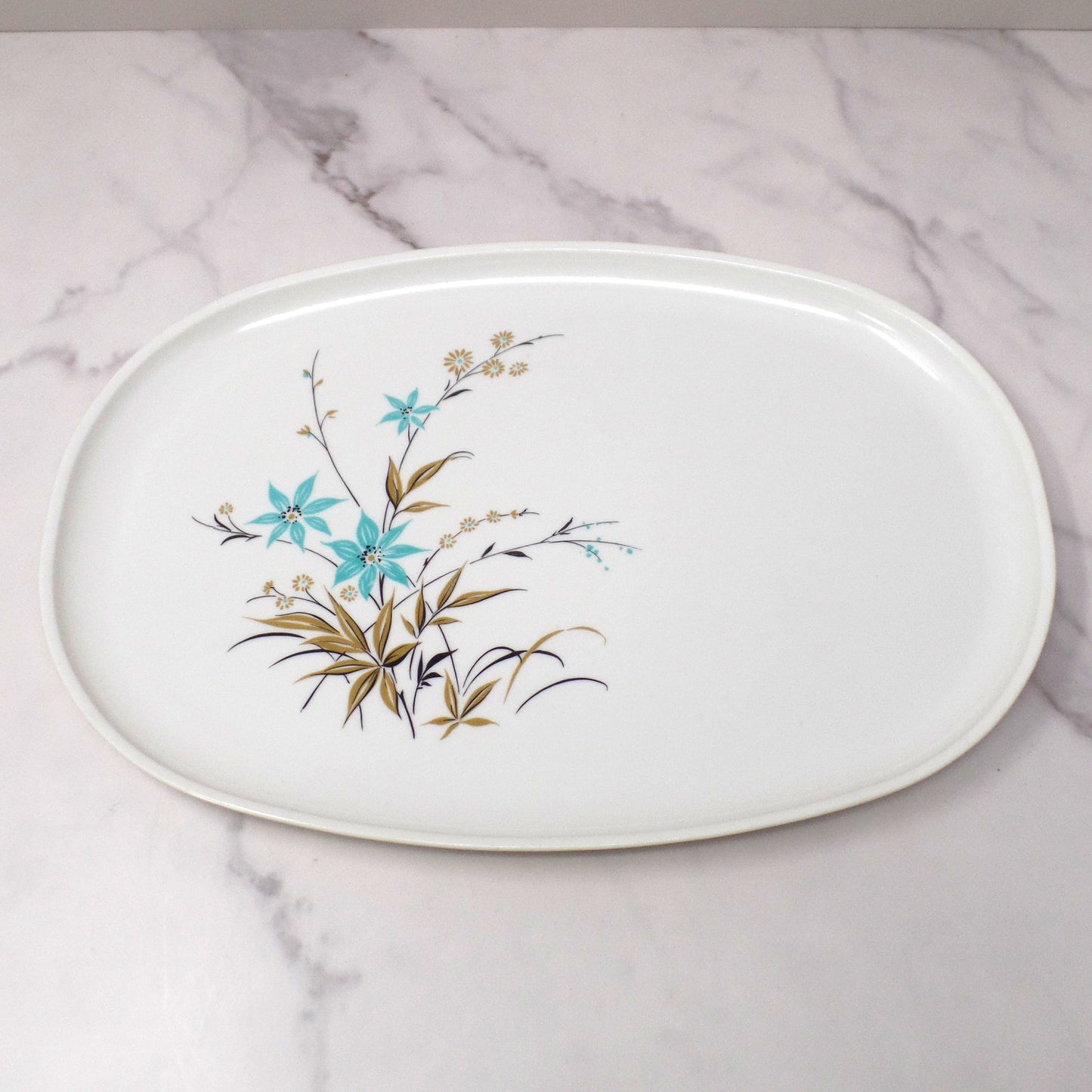 Vintage Melmac 14" Serving Platter, Blue & Gold Wildflowers (1950s)