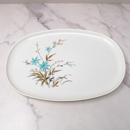 Vintage Melmac 14" Serving Platter, Blue & Gold Wildflowers (1950s)
