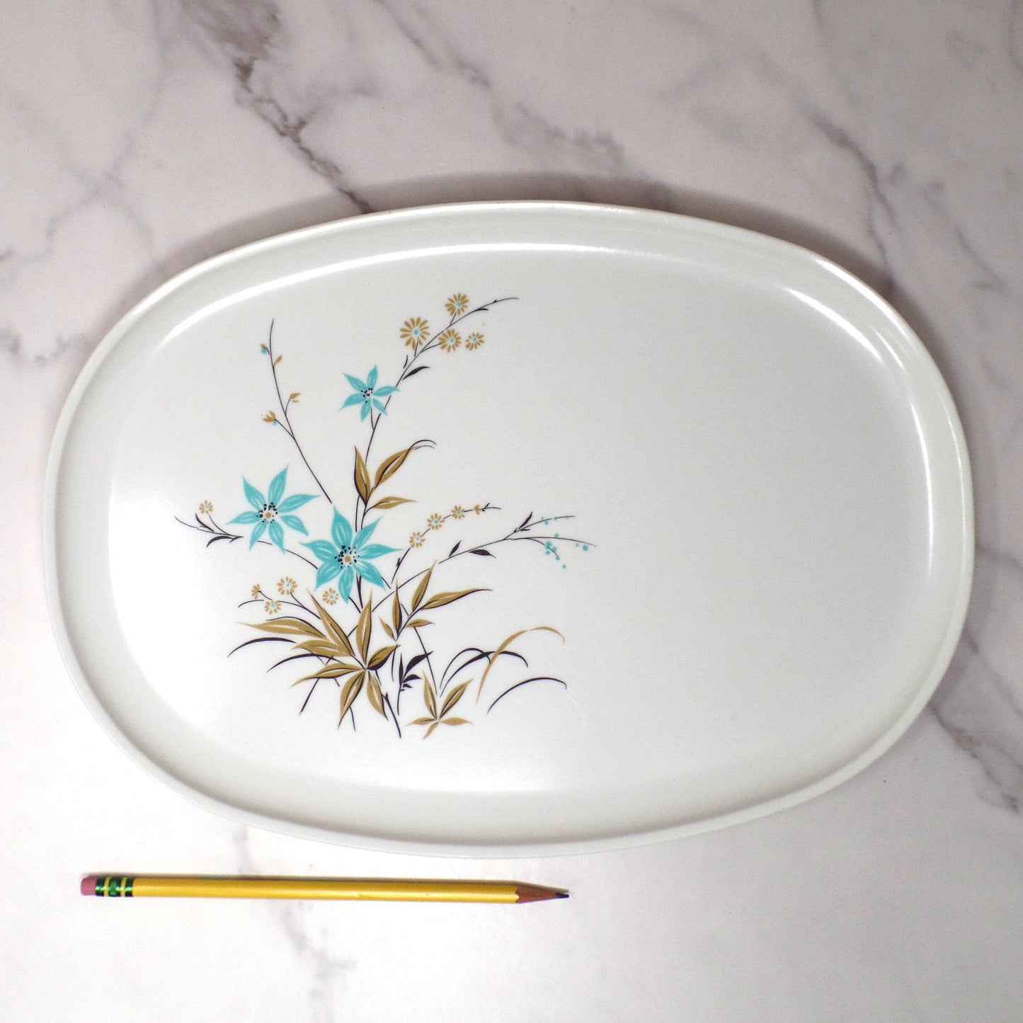 Vintage Melmac 14" Serving Platter, Blue & Gold Wildflowers (1950s)