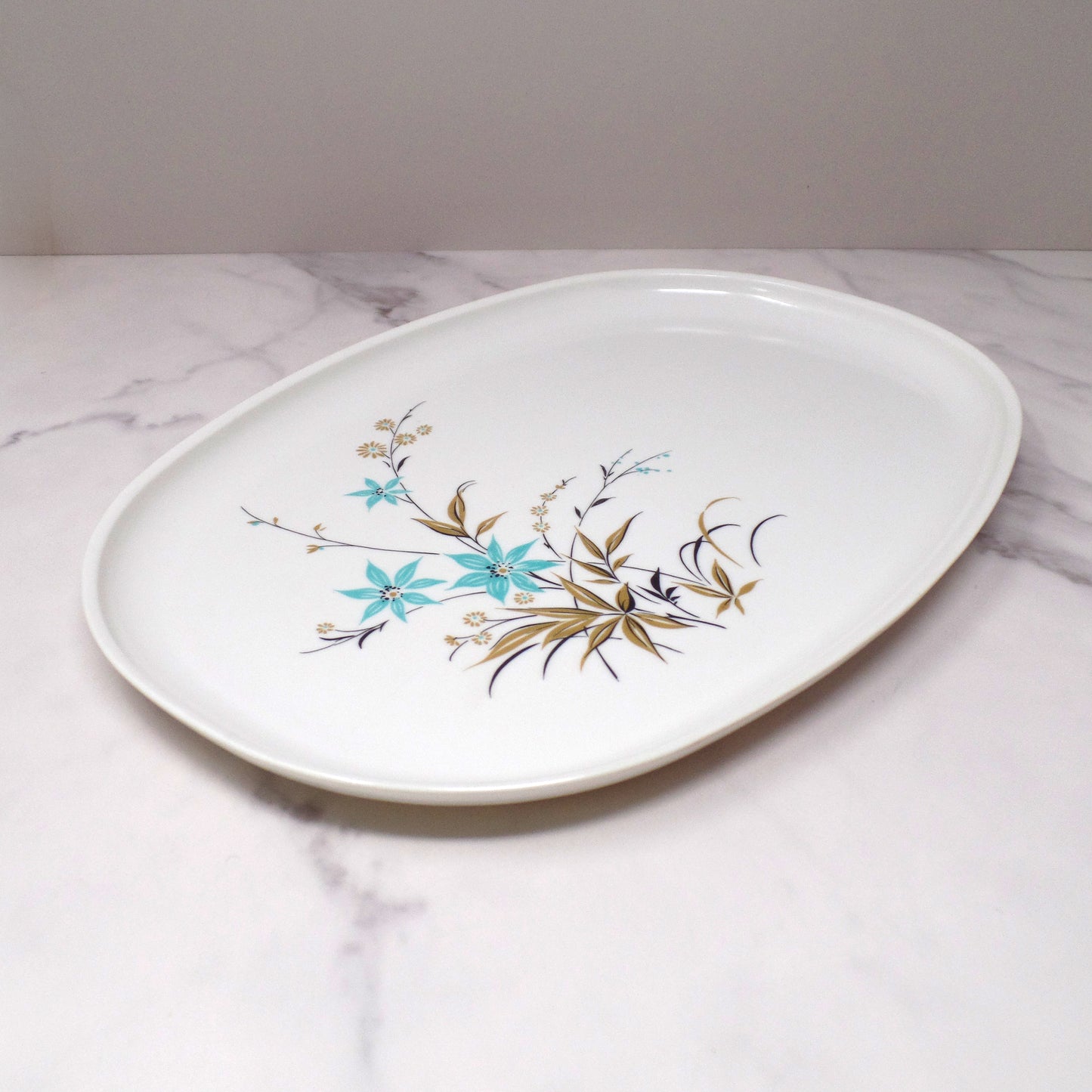 Vintage Melmac 14" Serving Platter, Blue & Gold Wildflowers (1950s)