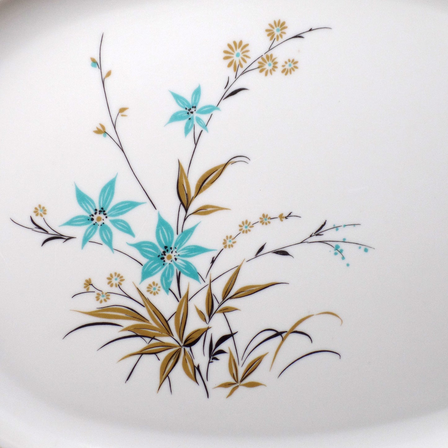 Vintage Melmac 14" Serving Platter, Blue & Gold Wildflowers (1950s)