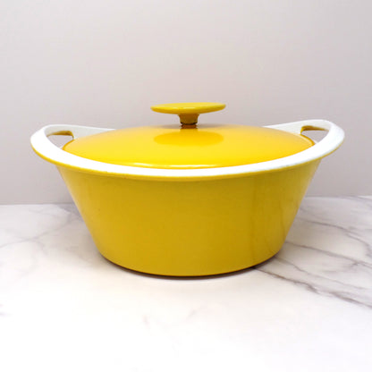 Vintage NACCO Denmark Enameled Cast Iron Dutch Oven with Rack and Lid, Yellow & White (1960s)